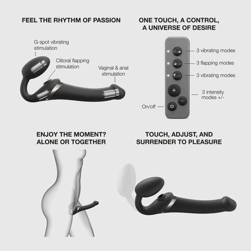 Vibrierender 3-Motoren Strap-On Multi Orgasm mit Fernbedienung - Wiederaufladbare Fernbedienung - Schwarz