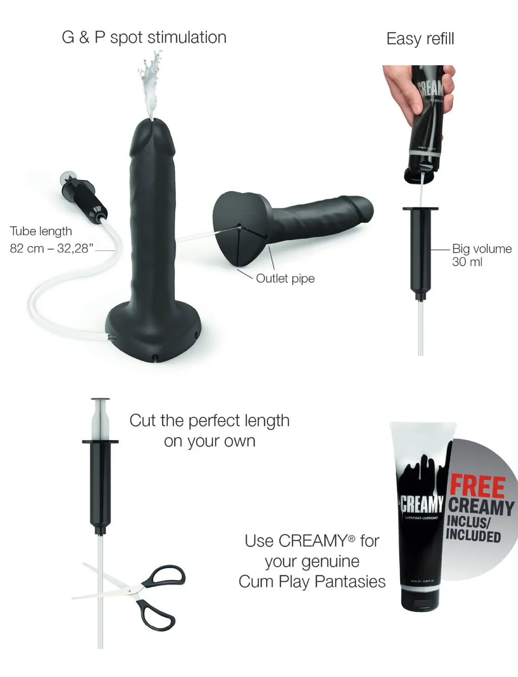 Realistic ejaculating dildo Strap-on-Me in black with lifelike texture and ergonomic design for a realistic and comfortable use