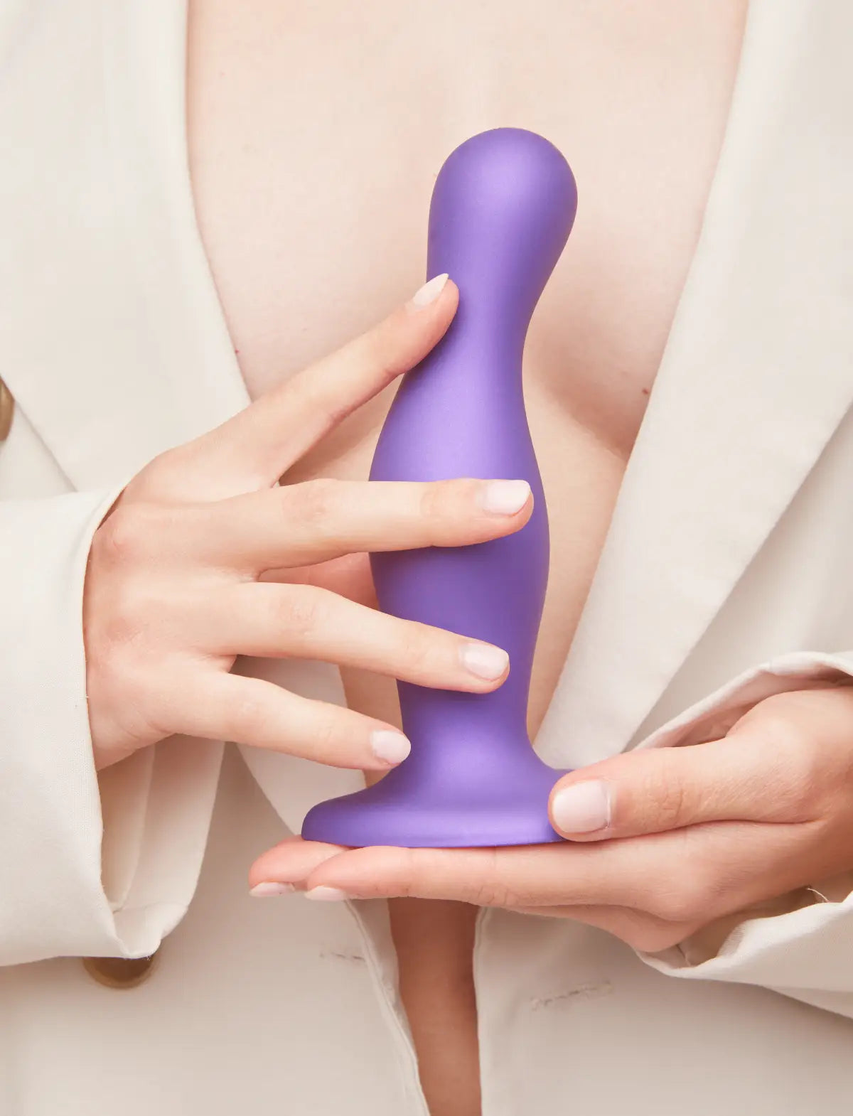 Hybrid dildo collection Strap-on-Me curvy anal plug in metallic purple with ergonomic design for comfortable and gradual use