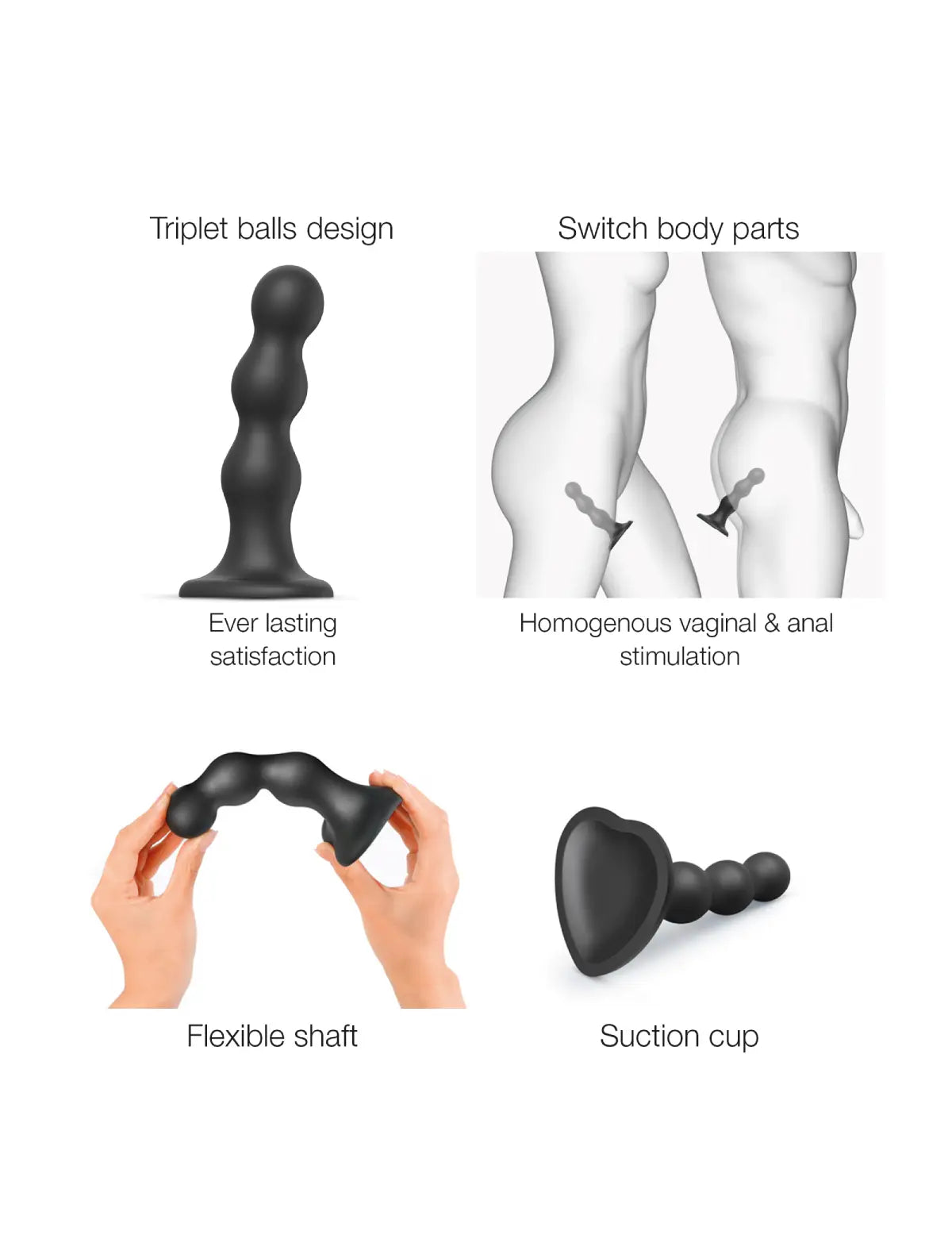 Hybrid dildo collection Strap-on-Me plug balls in black with ergonomic design for comfortable use and gradual stimulation