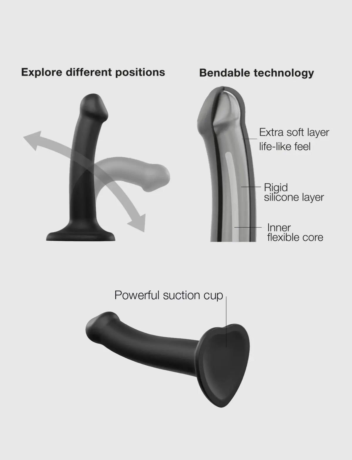 Semi-realistic bendable double-density dildo Strap-on-Me in black with lifelike texture and flexible ergonomic design for versatile use