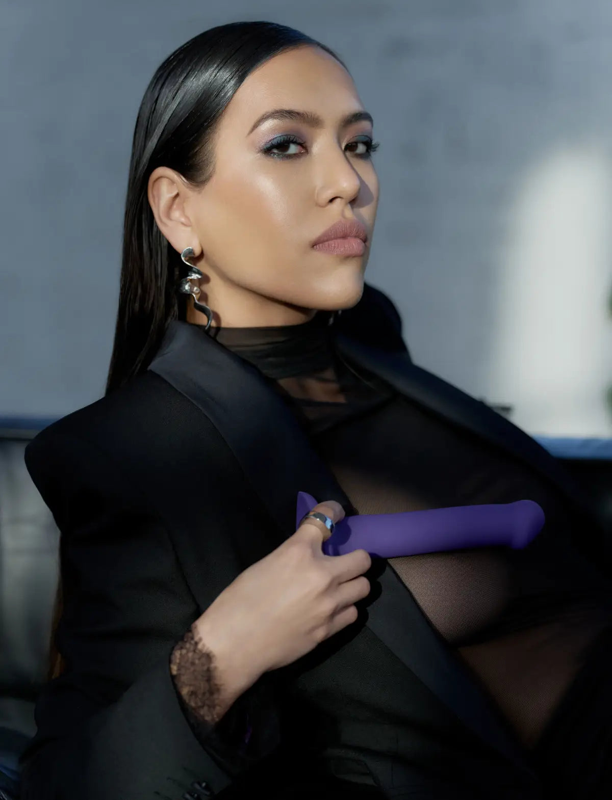 Semi-realistic bendable double-density dildo Strap-on-Me in violet with lifelike texture and flexible ergonomic design for versatile use