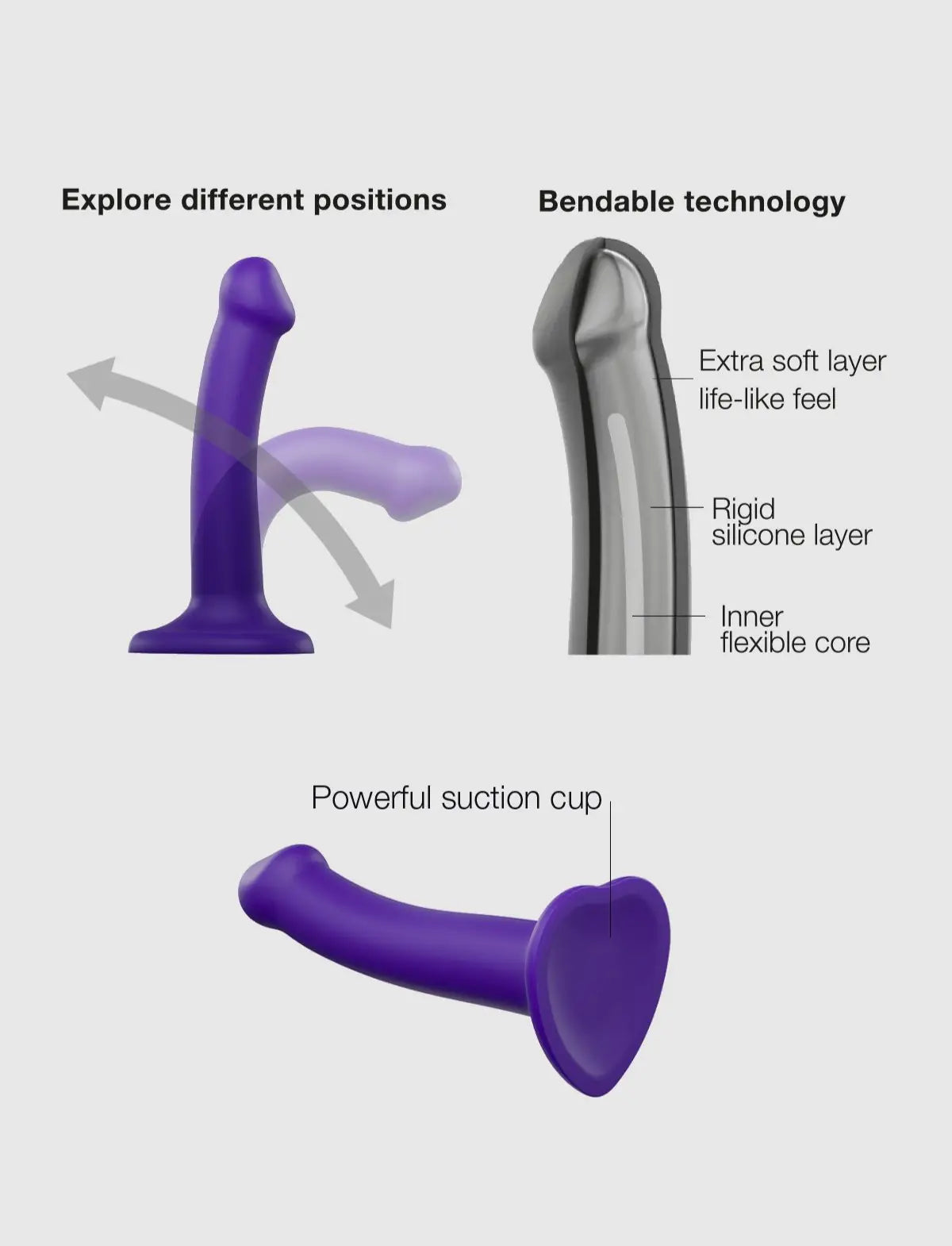 Semi-realistic bendable double-density dildo Strap-on-Me in violet with lifelike texture and flexible ergonomic design for versatile use