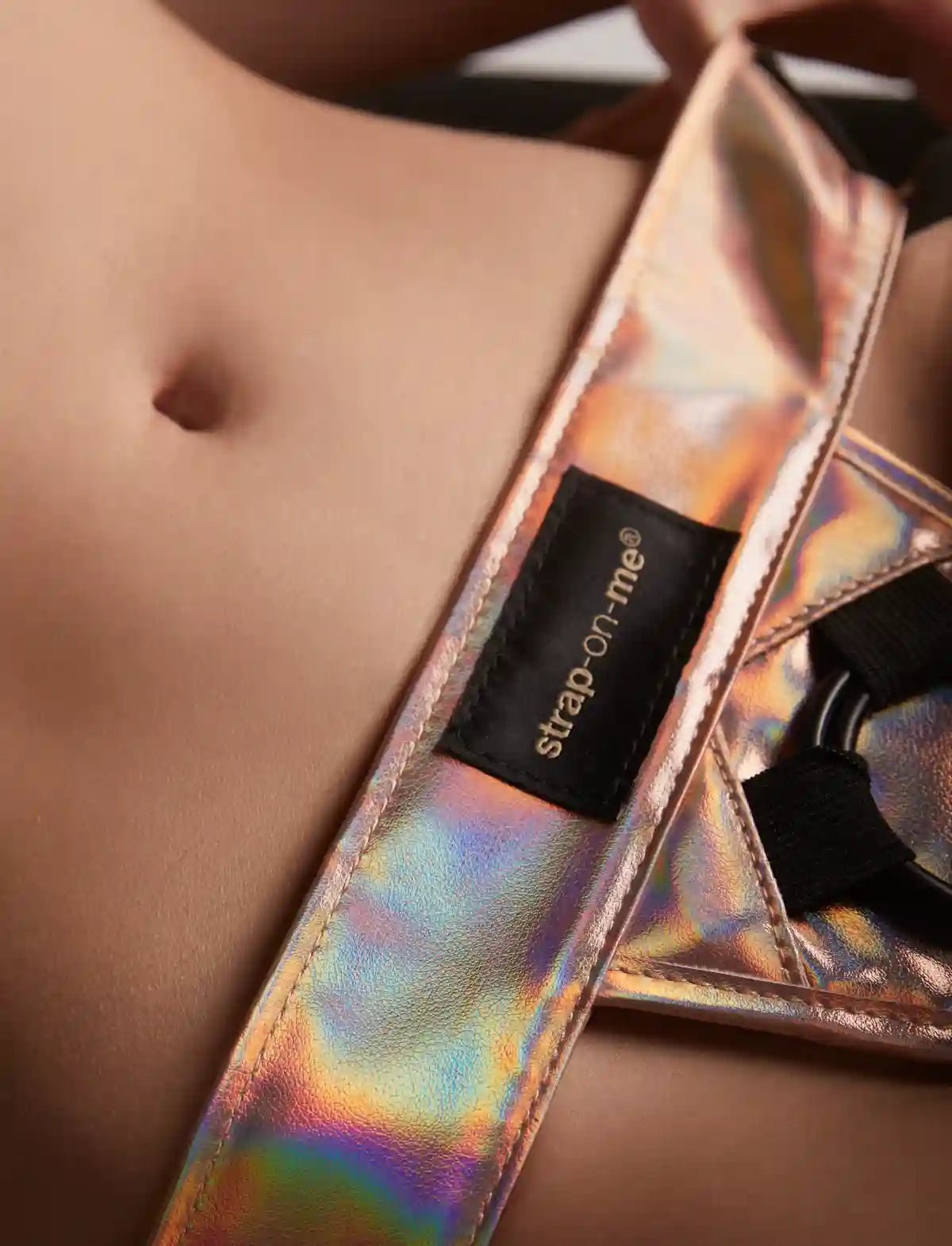 Faux leather harness Strap-on-Me holographic rose gold adjustable fit stylish design