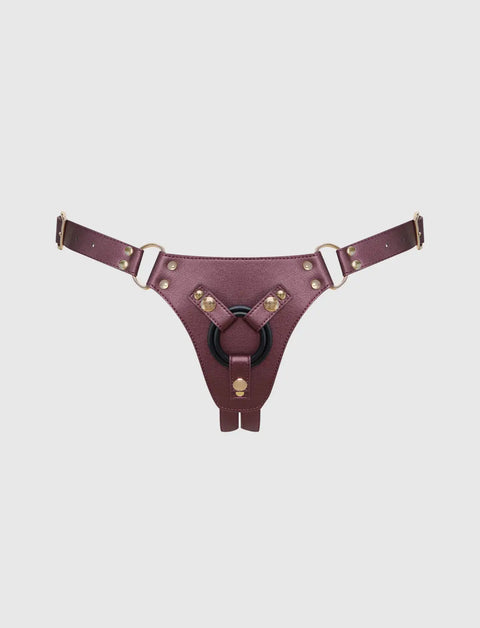Faux leather harness Strap-on-Me metallic aubergine adjustable fit elegant design