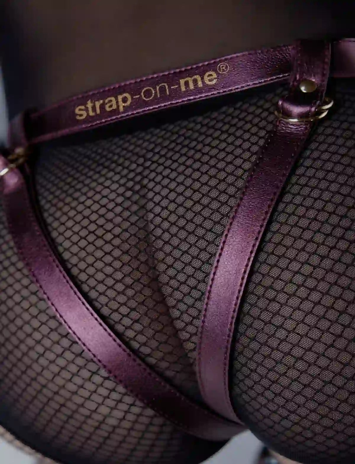 Faux leather harness Strap-on-Me metallic aubergine adjustable fit elegant design