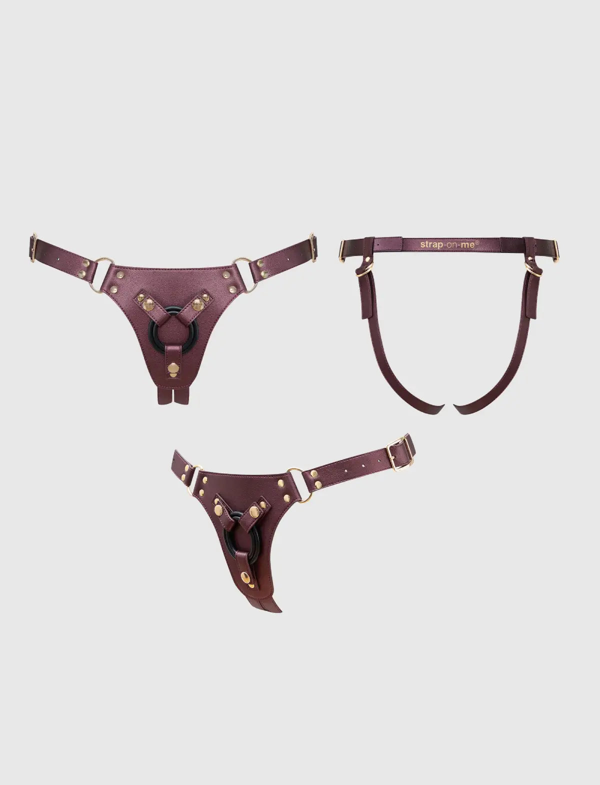 Faux leather harness Strap-on-Me metallic aubergine adjustable fit elegant design