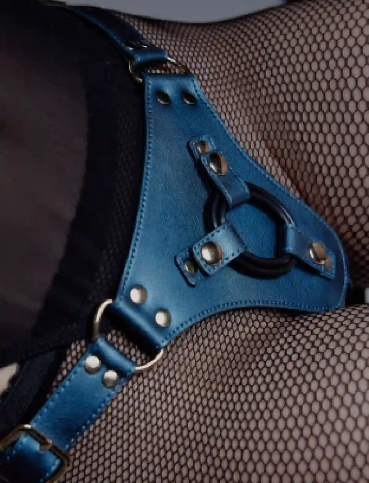 Faux leather harness Strap-on-Me metallic blue adjustable fit elegant design