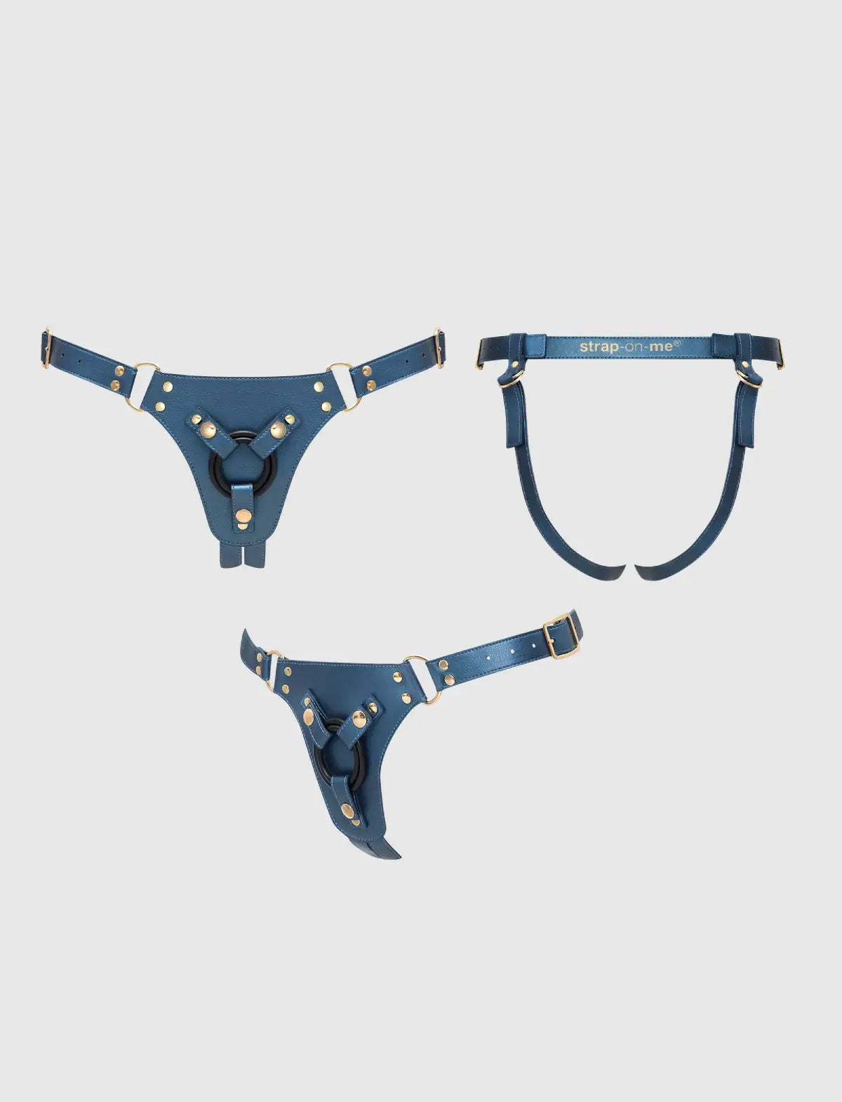 Faux leather harness Strap-on-Me metallic blue adjustable fit elegant design