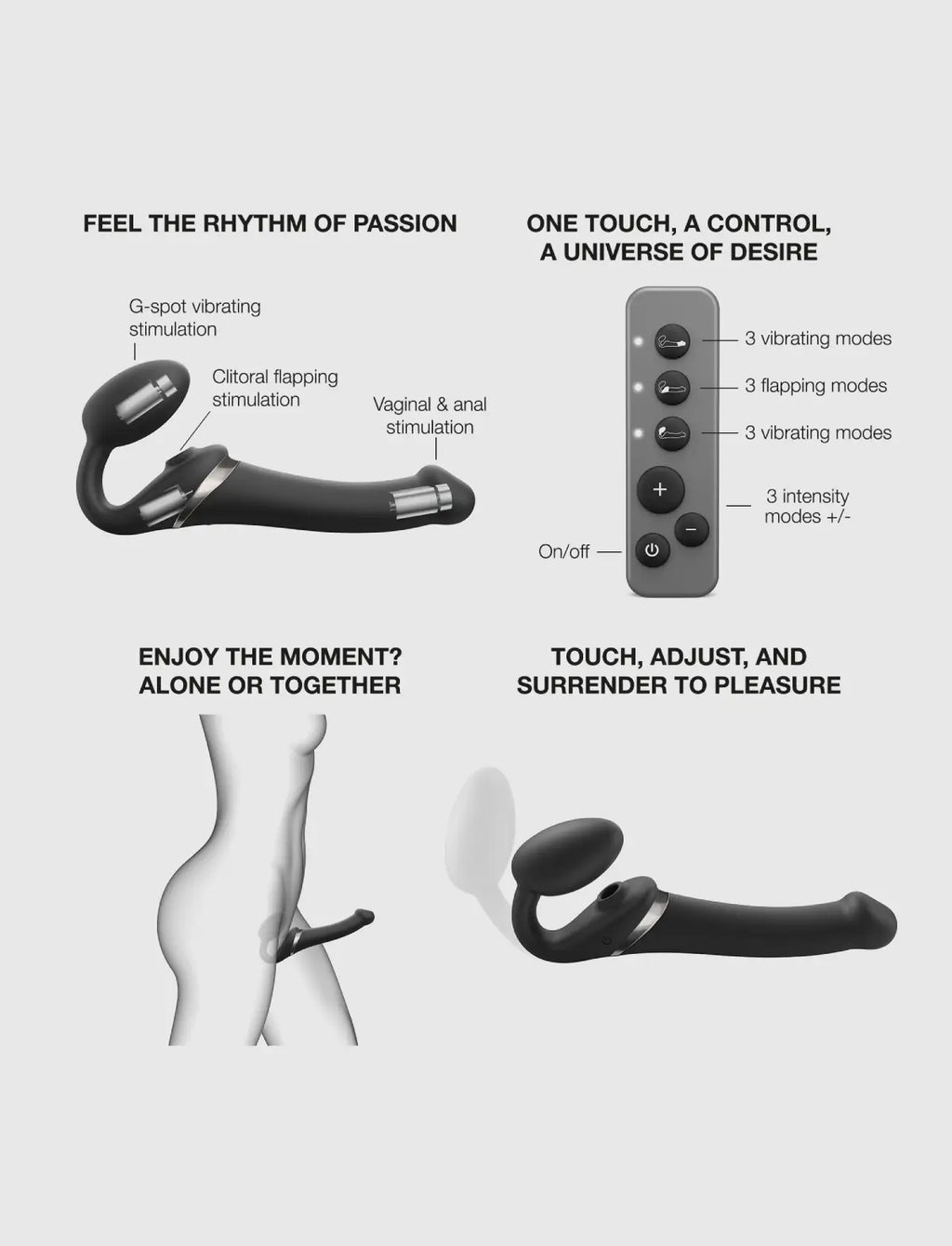 Rechargeable remote-controlled Strap-on-Me with 3 motors in black, designed for powerful performance and customizable vibration modes