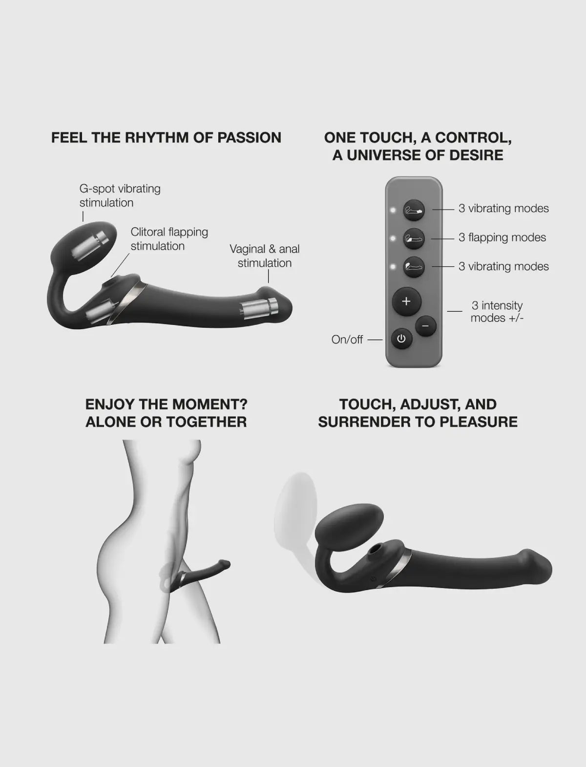 Rechargeable remote-controlled Strap-on-Me with 3 motors in black, designed for powerful performance and customizable vibration modes