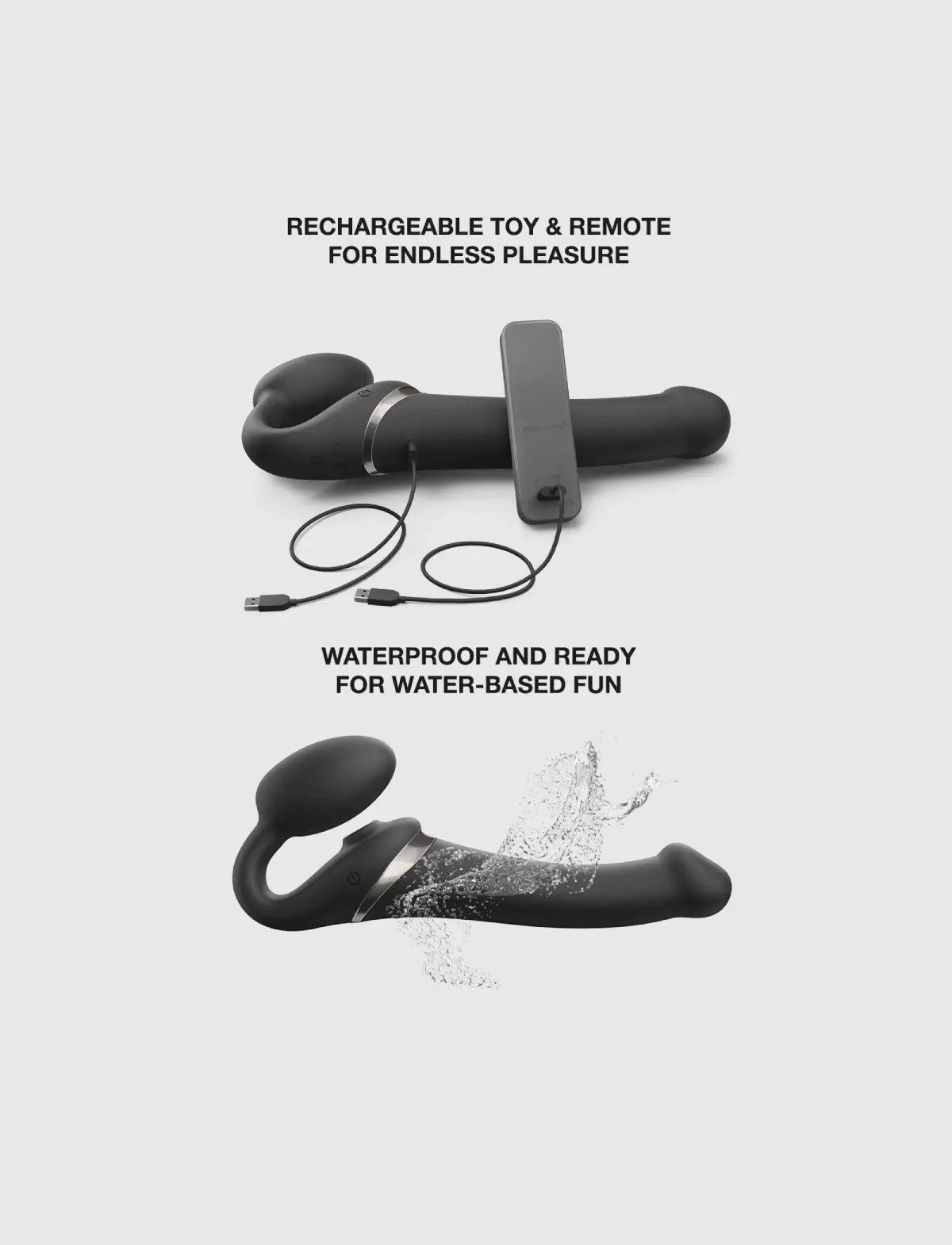 Rechargeable remote-controlled Strap-on-Me with 3 motors in black, designed for powerful performance and customizable vibration modes