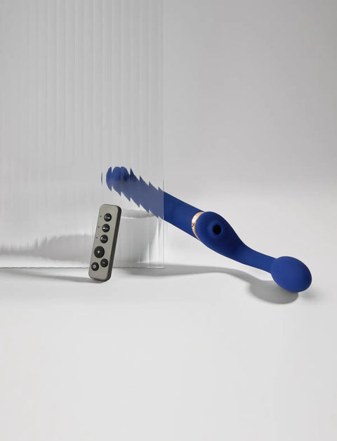 Rechargeable remote-controlled Strap-on-Me with 3 motors in blue, designed for powerful performance and customizable vibration modes