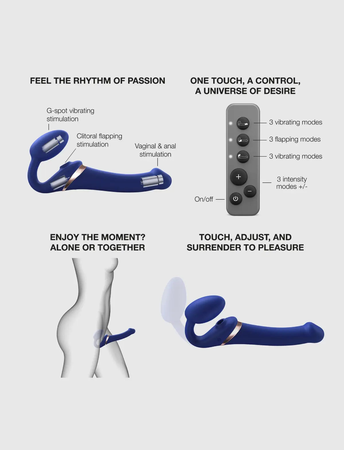 Rechargeable remote-controlled Strap-on-Me with 3 motors in blue, designed for powerful performance and customizable vibration modes