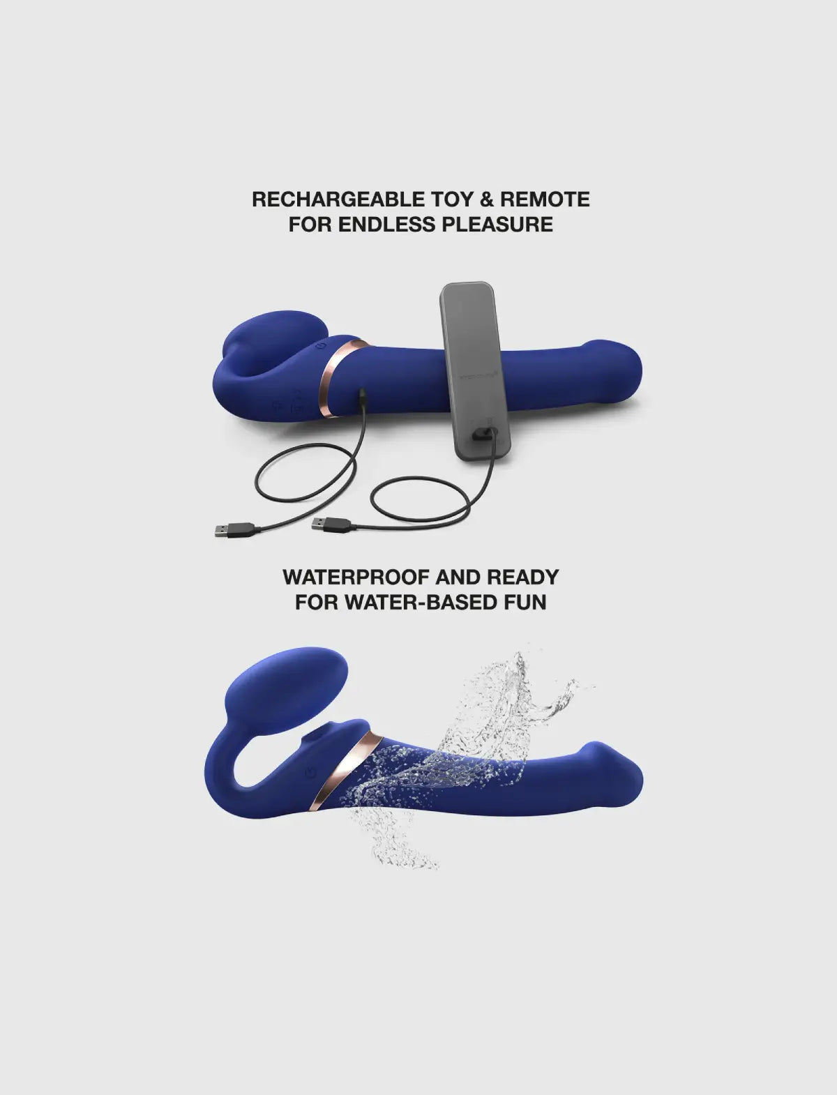 Rechargeable remote-controlled Strap-on-Me with 3 motors in blue, designed for powerful performance and customizable vibration modes