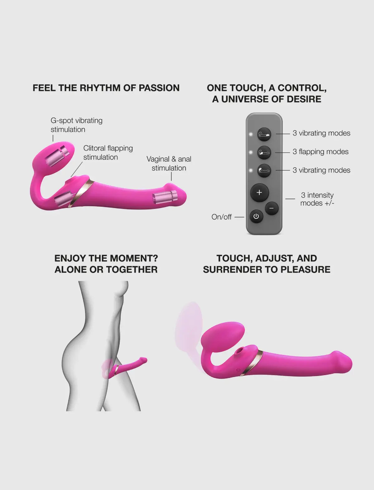 Rechargeable remote-controlled Strap-on-Me with 3 motors in pink, designed for powerful performance and customizable vibration modes