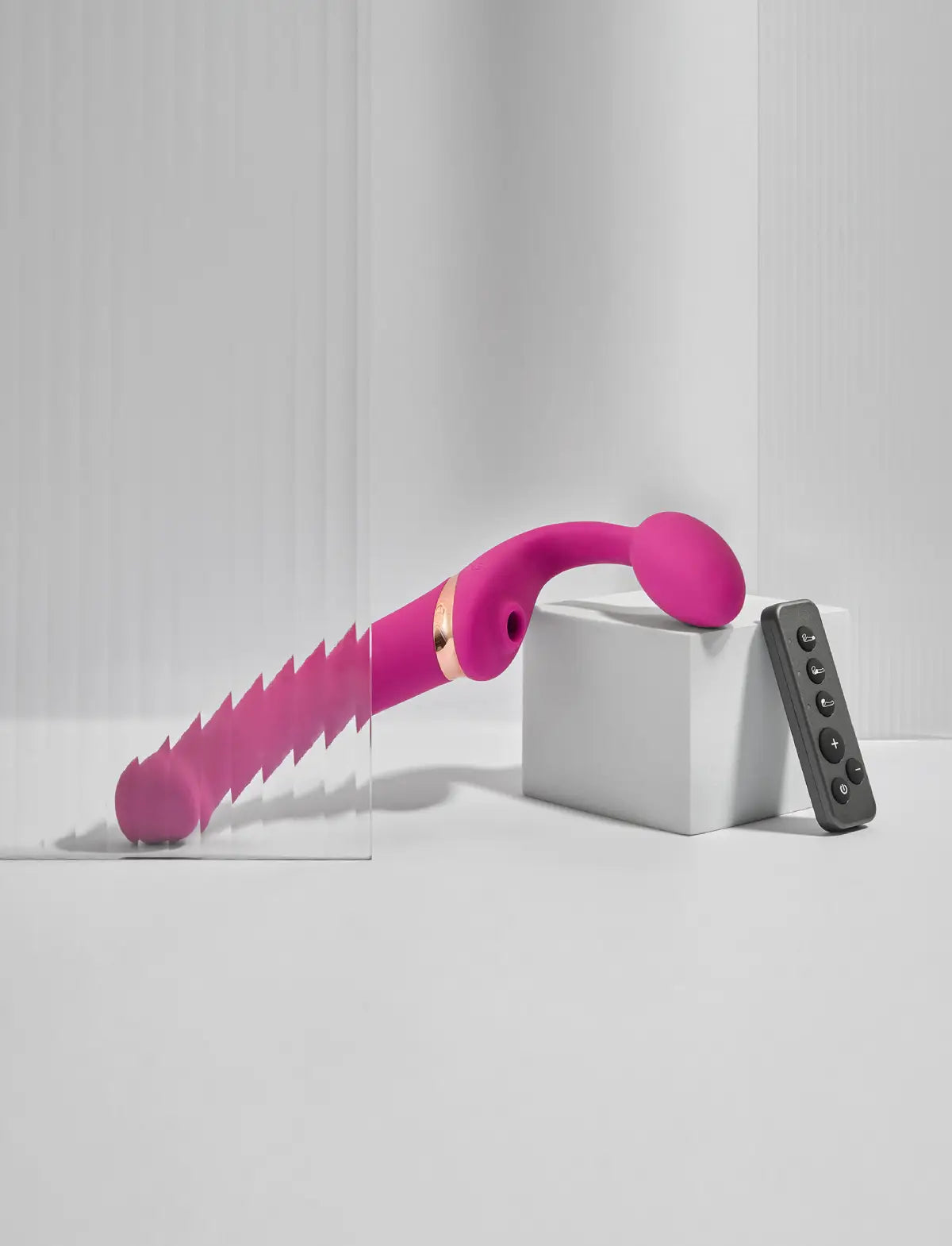 Rechargeable remote-controlled Strap-on-Me with 3 motors in pink, designed for powerful performance and customizable vibration modes