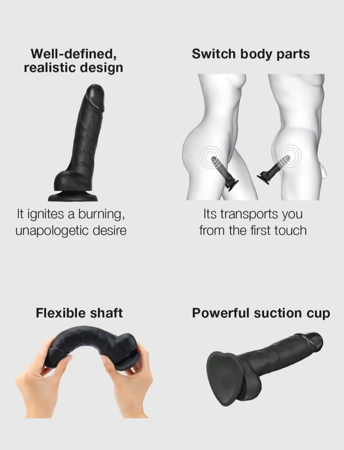 Realistic dildo Strap-on-Me in black with lifelike texture and natural finish for a realistic and comfortable feel