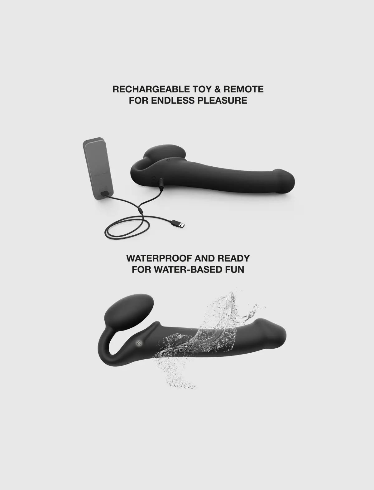 Rechargeable remote-controlled vibrating Strap-on-Me with 3 motors in black, designed for powerful performance and customizable vibration modes