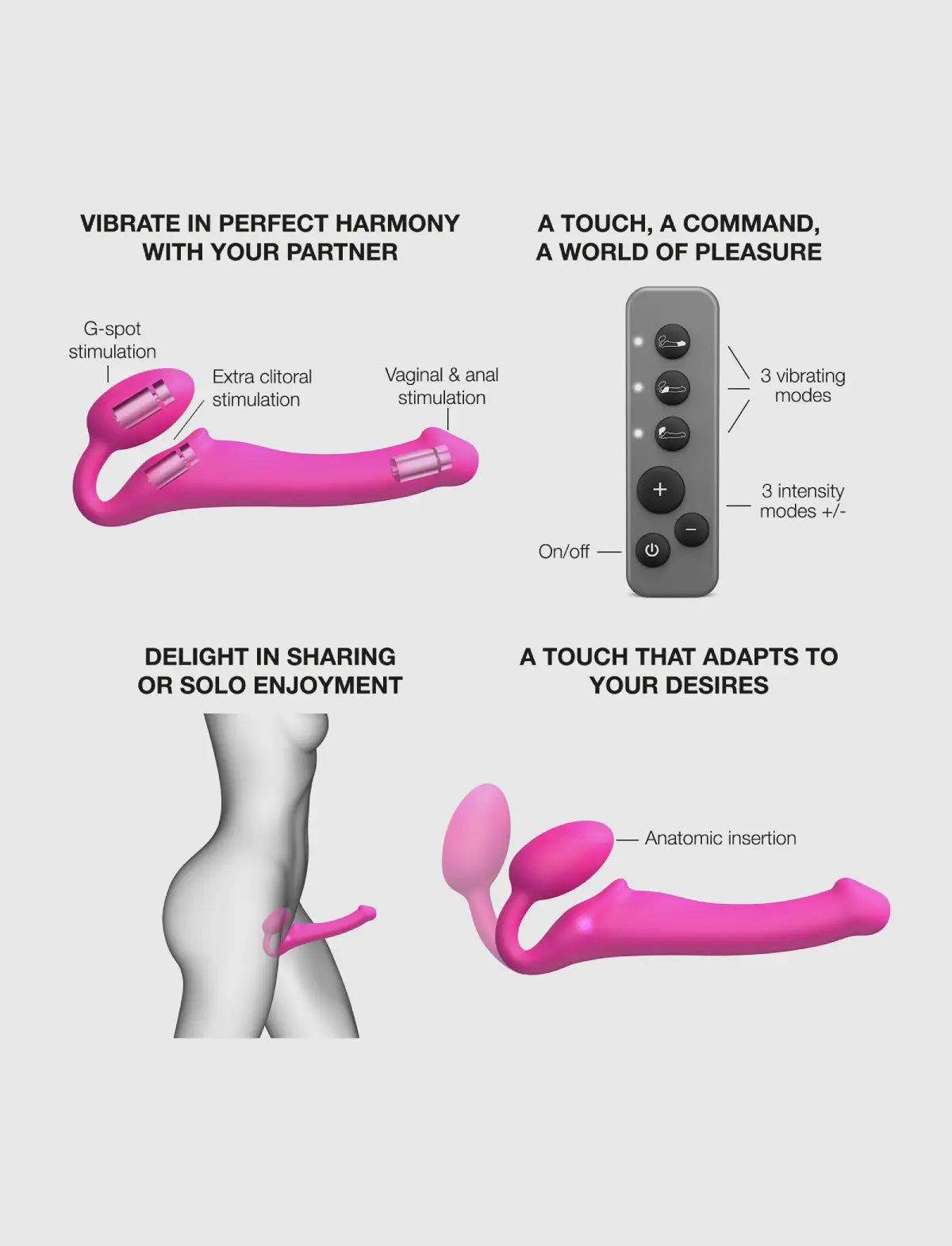 Rechargeable remote-controlled vibrating Strap-on-Me with 3 motors in fuchsia, designed for powerful performance and customizable vibration modes