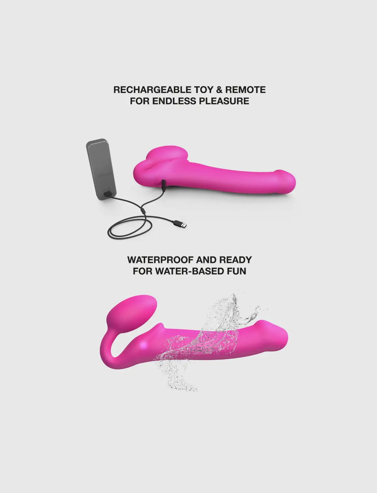 Rechargeable remote-controlled vibrating Strap-on-Me with 3 motors in fuchsia, designed for powerful performance and customizable vibration modes