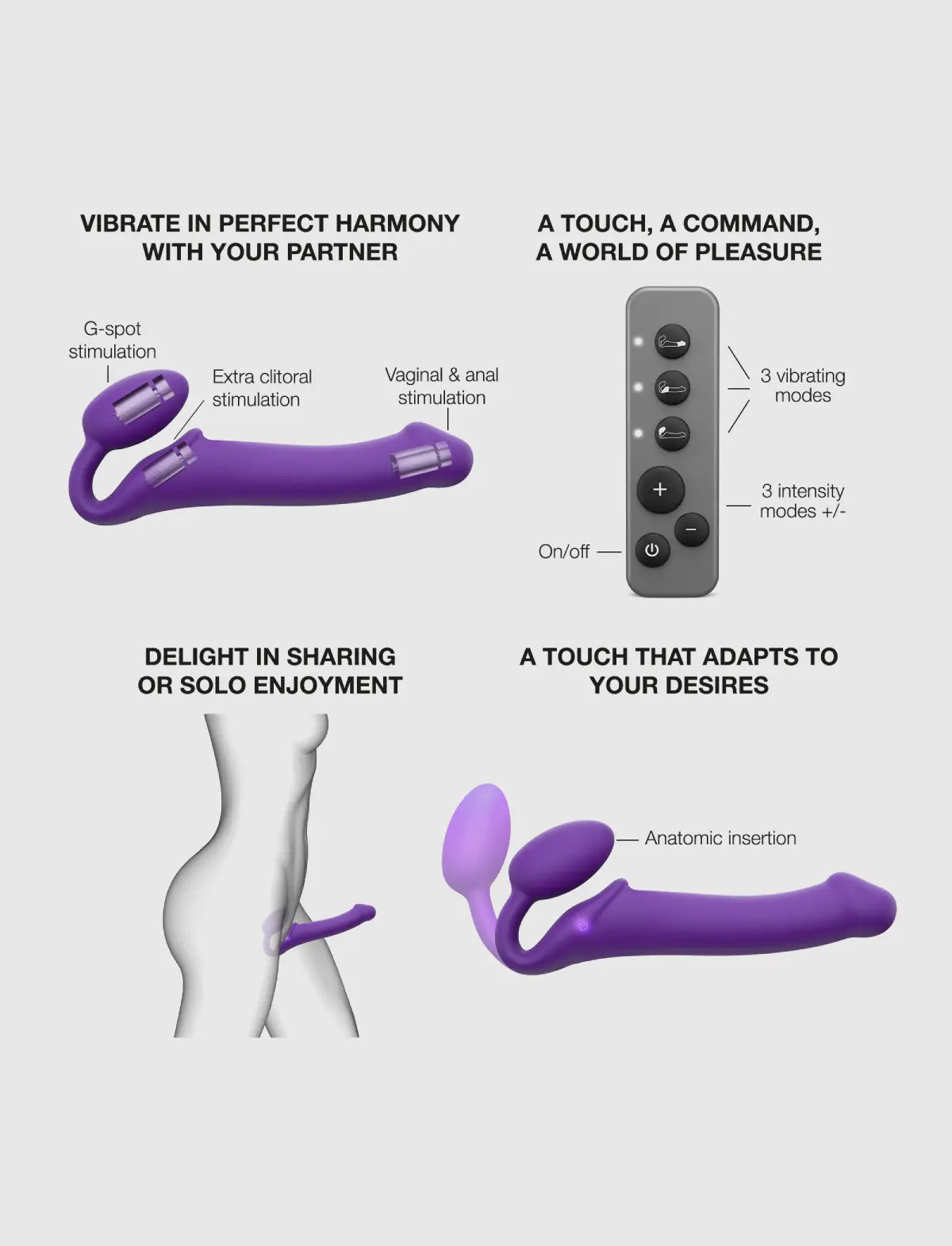Rechargeable remote-controlled vibrating Strap-on-Me with 3 motors in lila, designed for powerful performance and customizable vibration modes