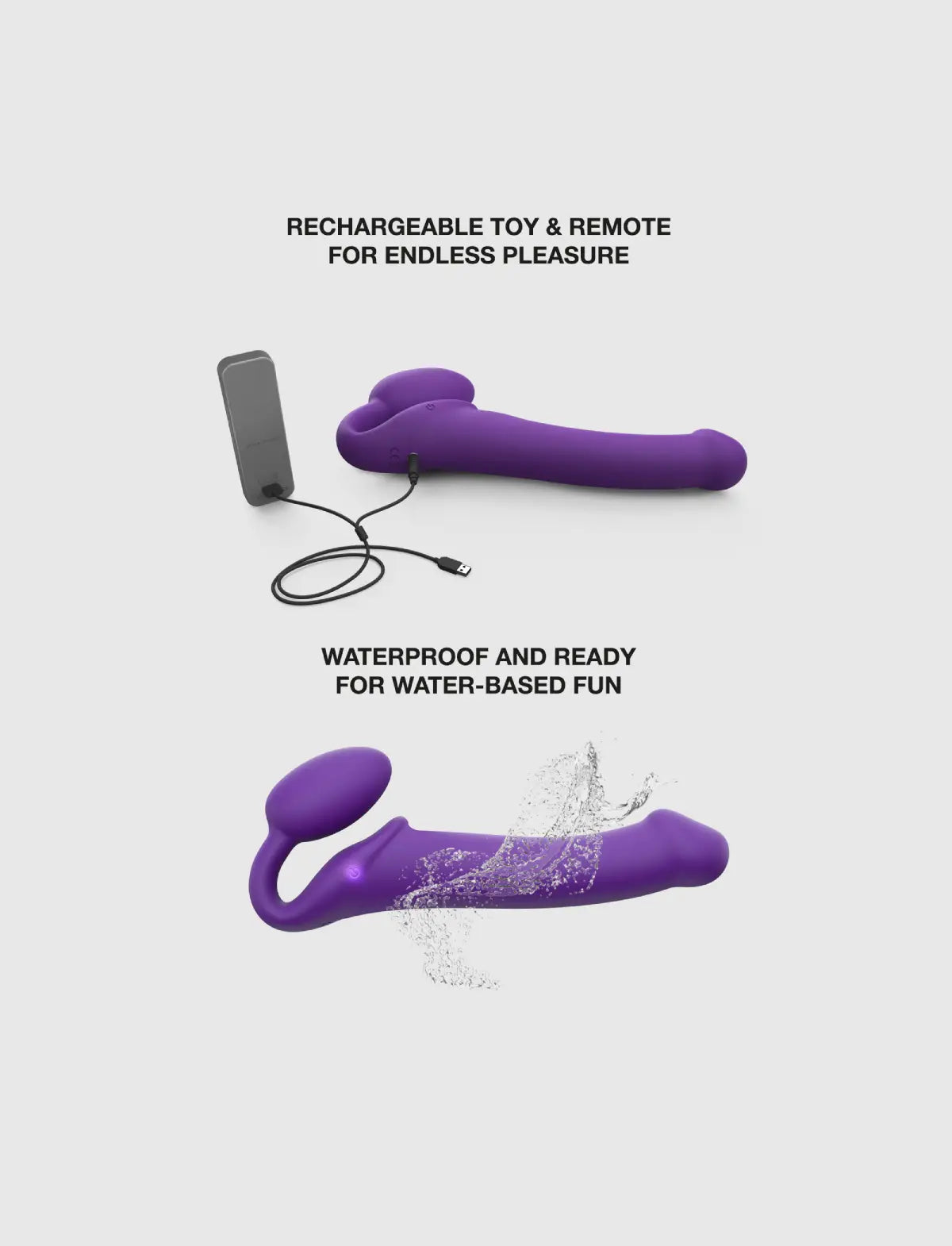 Rechargeable remote-controlled vibrating Strap-on-Me with 3 motors in lila, designed for powerful performance and customizable vibration modes